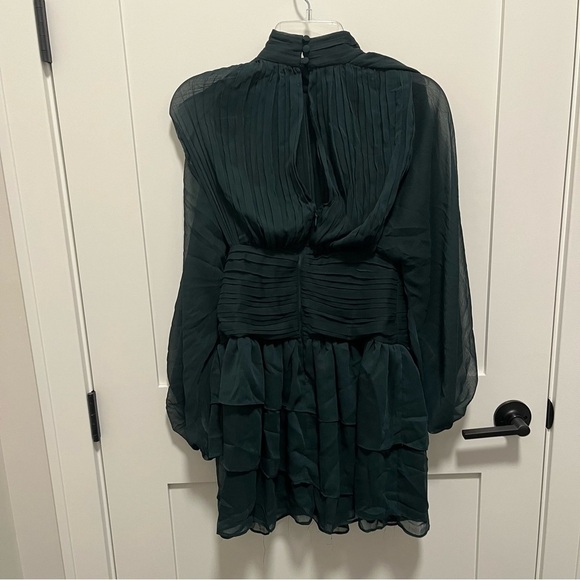 NWT EXPRESS Mock Neck Long Sleeve Pleated Waist Tiered Ruffle Mini Dress Emerald - Picture 9 of 9